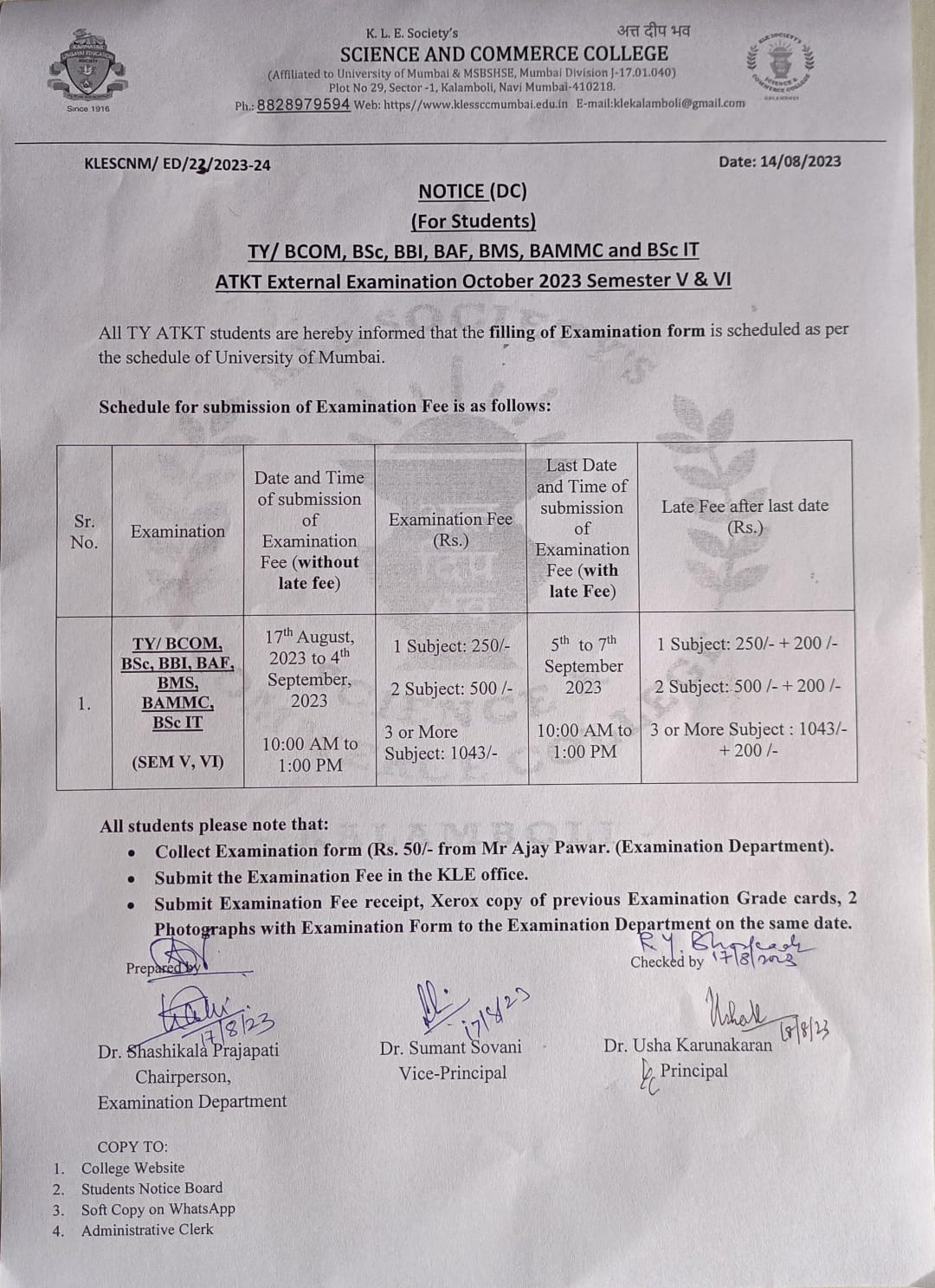 Schedule for Submission of Examination Fee