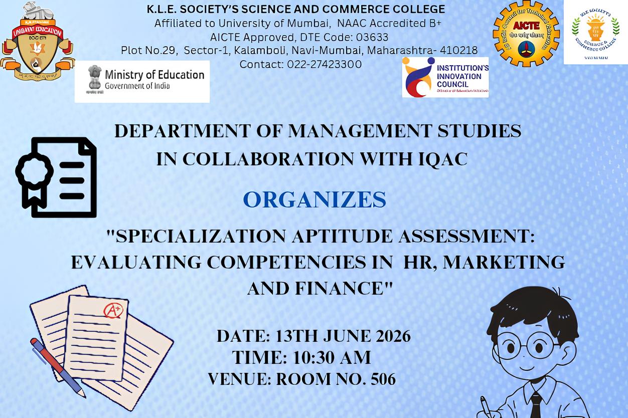 Specialization Aptitude Assessment Evaluating Competencies in HR Marketing and Finance organized by the Department of Management Studies 13062026 01